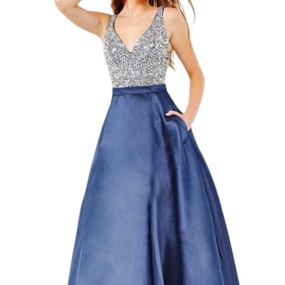 NWT JVN by Jovani JVN08474SC Mikado Prom Dress Navy Size 8 - Picture 1 of 6